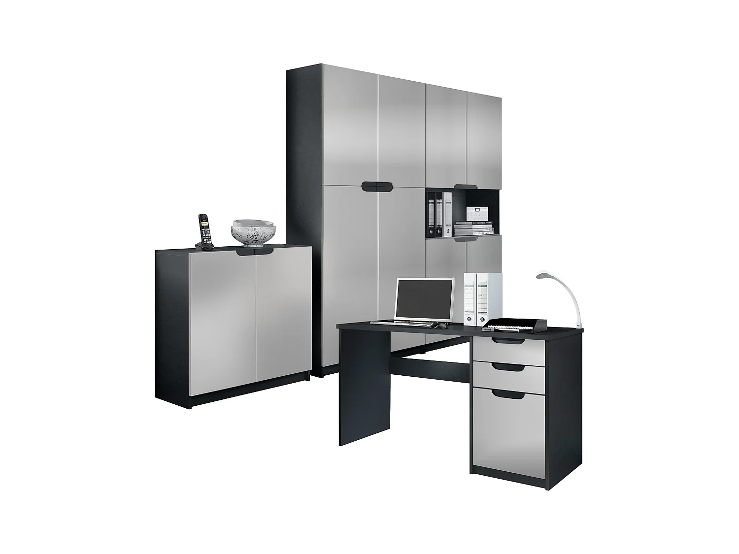 Ensemble de meubles de bureau Armoire Commode Rangement Logan, Corps en noir mat / Façades en gris clair satiné mat