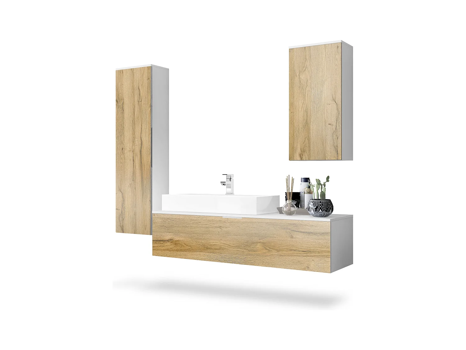 Ensemble de Meubles de Bains Beach, Corps en Blanc Mat/Façades en Chêne nature avec Vasque à poser et Robinet