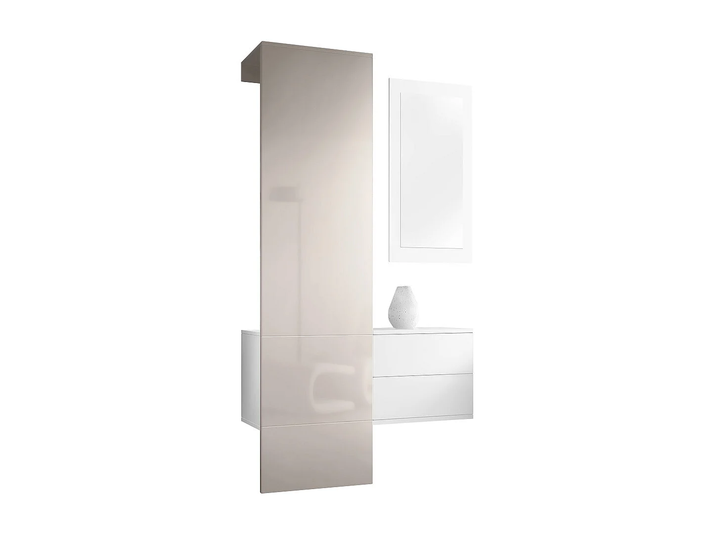 Penderie Carlton Set 2, Meuble d’entrée comprenant 1 panneau porte-manteau, 1 tiroir et 1 miroir mural, Blanc mat/gris sable brillant (105 x 193 x 35 cm)