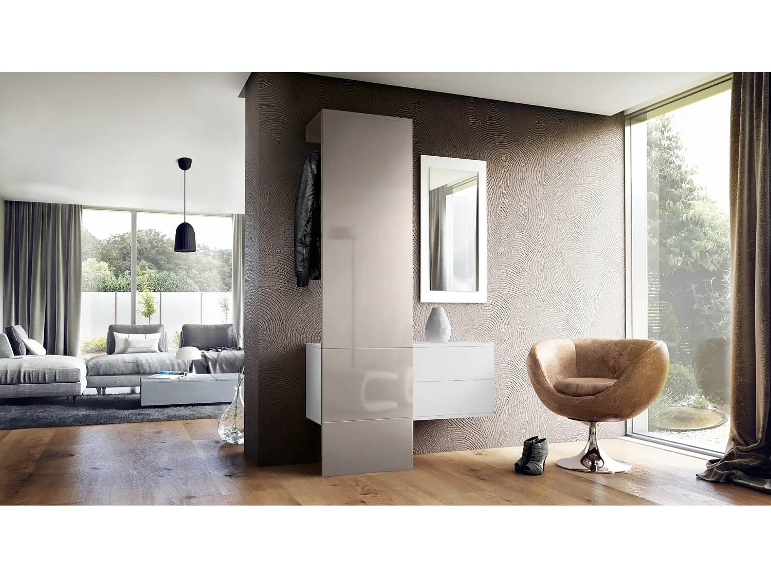 Penderie Carlton Set 2, Meuble d’entrée comprenant 1 panneau porte-manteau, 1 tiroir et 1 miroir mural, Blanc mat/gris sable brillant (105 x 193 x 35 cm)