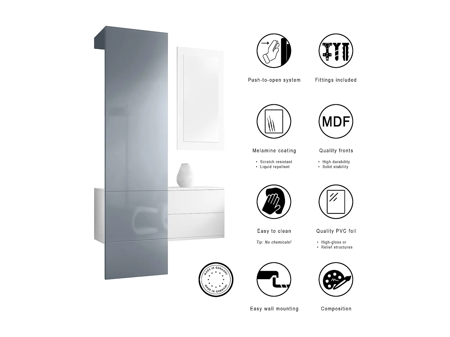 Penderie Carlton Set 2, Meuble d’entrée comprenant 1 panneau porte-manteau, 1 tiroir et 1 miroir mural, Blanc mat/gris sable brillant (105 x 193 x 35 cm)