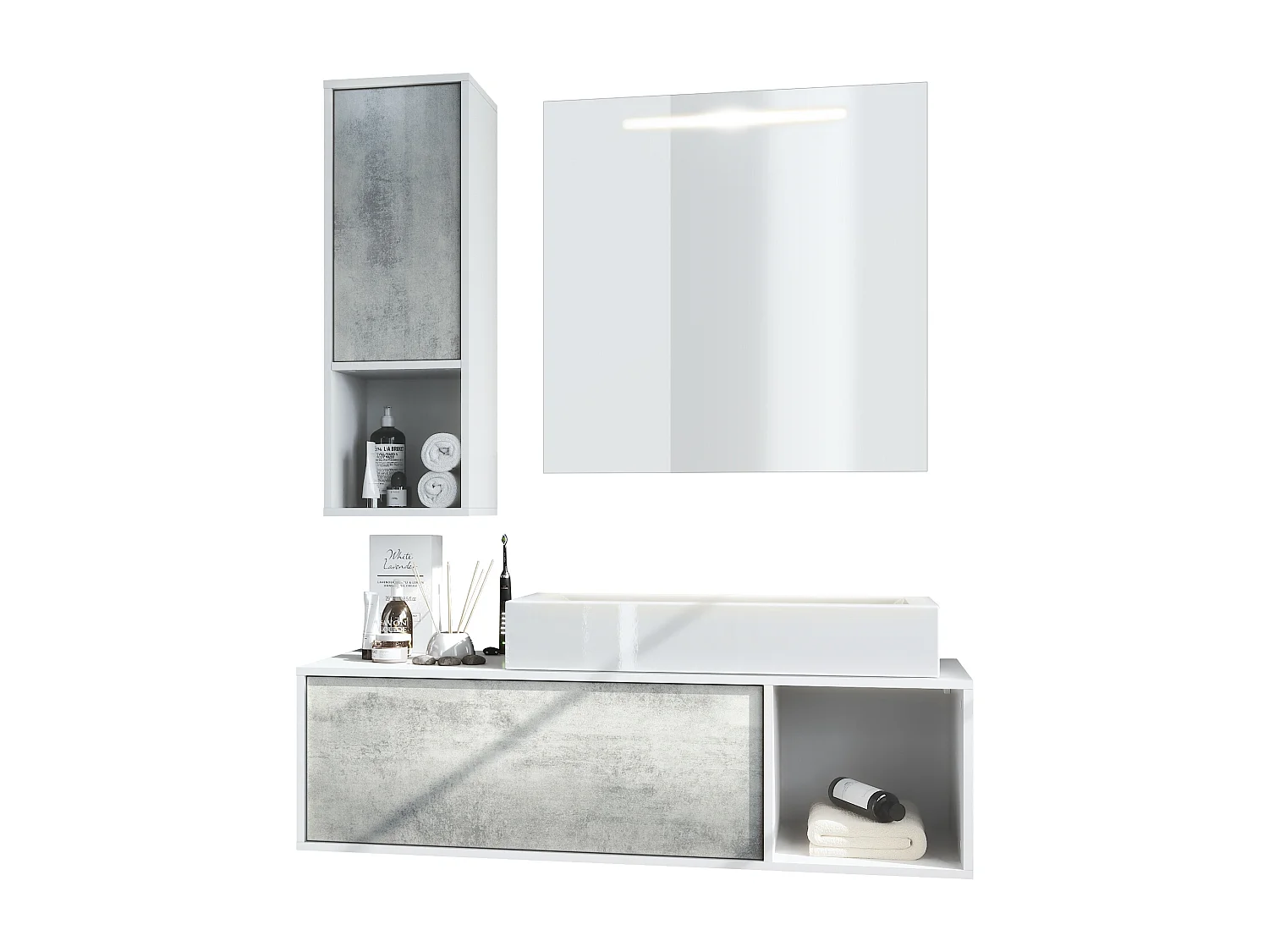 Ensemble de meubles de bains La Costa, Corps en Blanc mat, Façades en Aspect Béton oxyde, avec Vasque à poser et Miroir LED