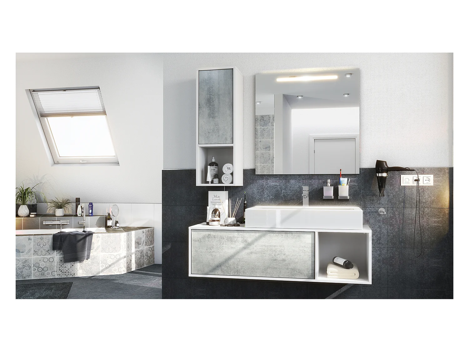 Ensemble de meubles de bains La Costa, Corps en Blanc mat, Façades en Aspect Béton oxyde, avec Vasque à poser et Miroir LED