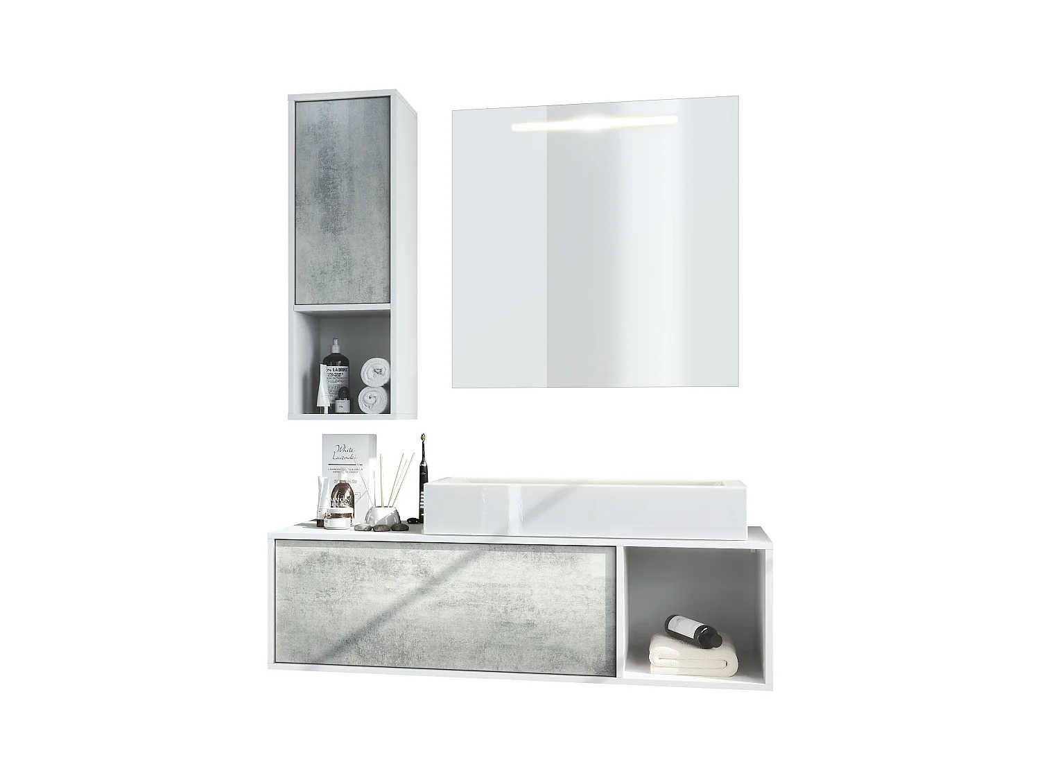 Ensemble de meubles de bains La Costa, Corps en Blanc mat, Façades en Aspect Béton oxyde, avec Vasque à poser et Miroir LED