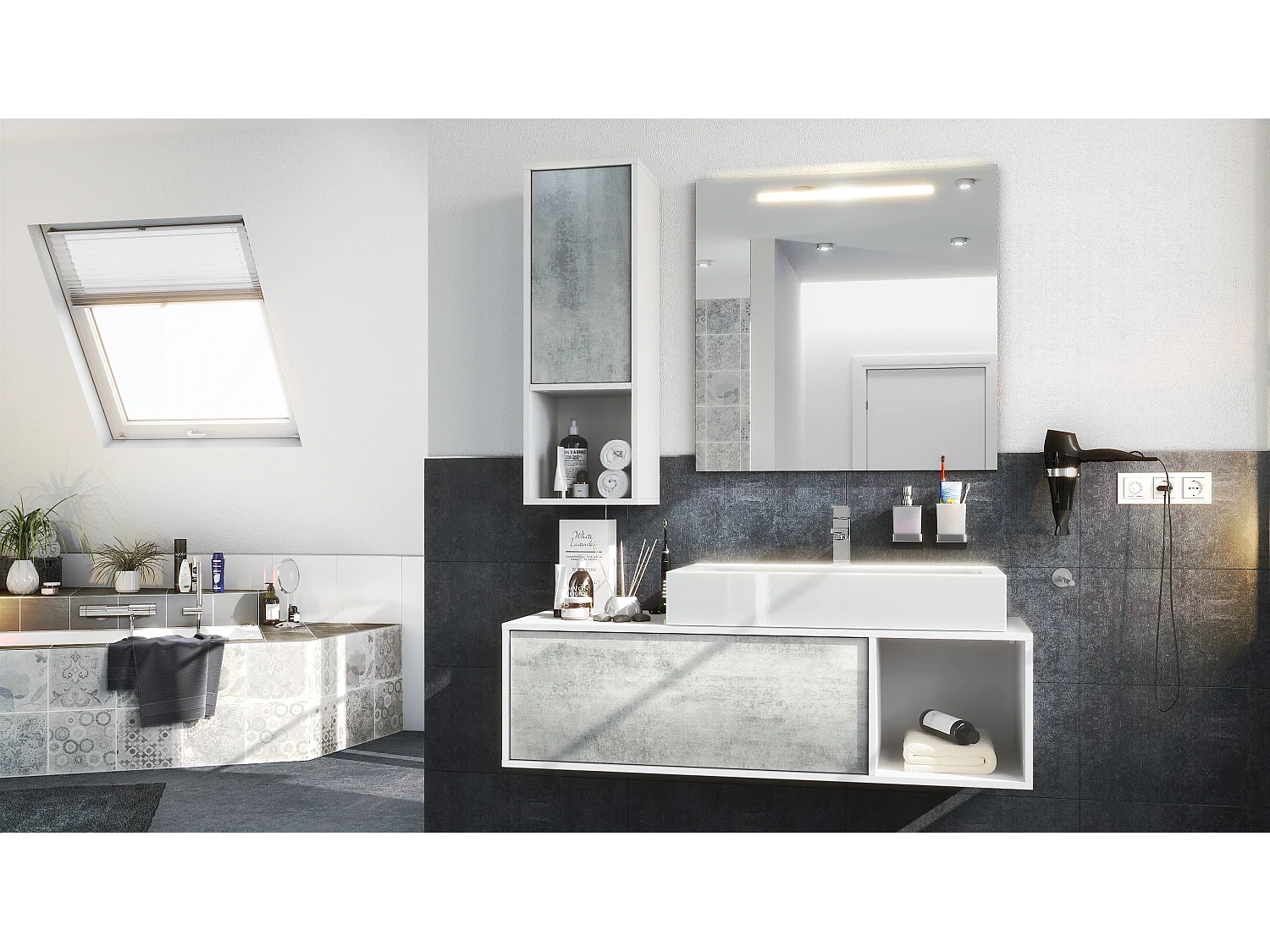 Ensemble de meubles de bains La Costa, Corps en Blanc mat, Façades en Aspect Béton oxyde, avec Vasque à poser et Miroir LED