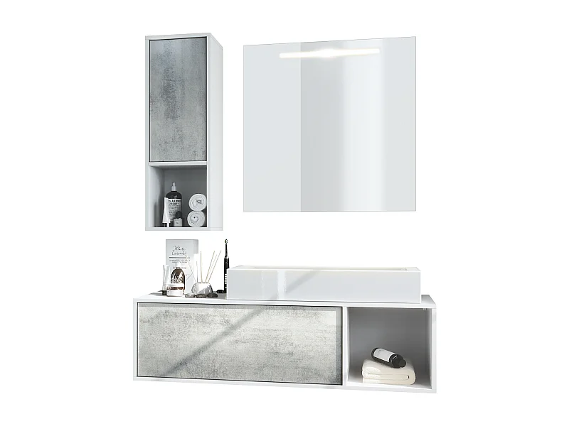 Conjunto de muebles para baño La Costa, cuerpo en blanco mate / Frentes en hormigón oxidado con lavabo y espejo LED