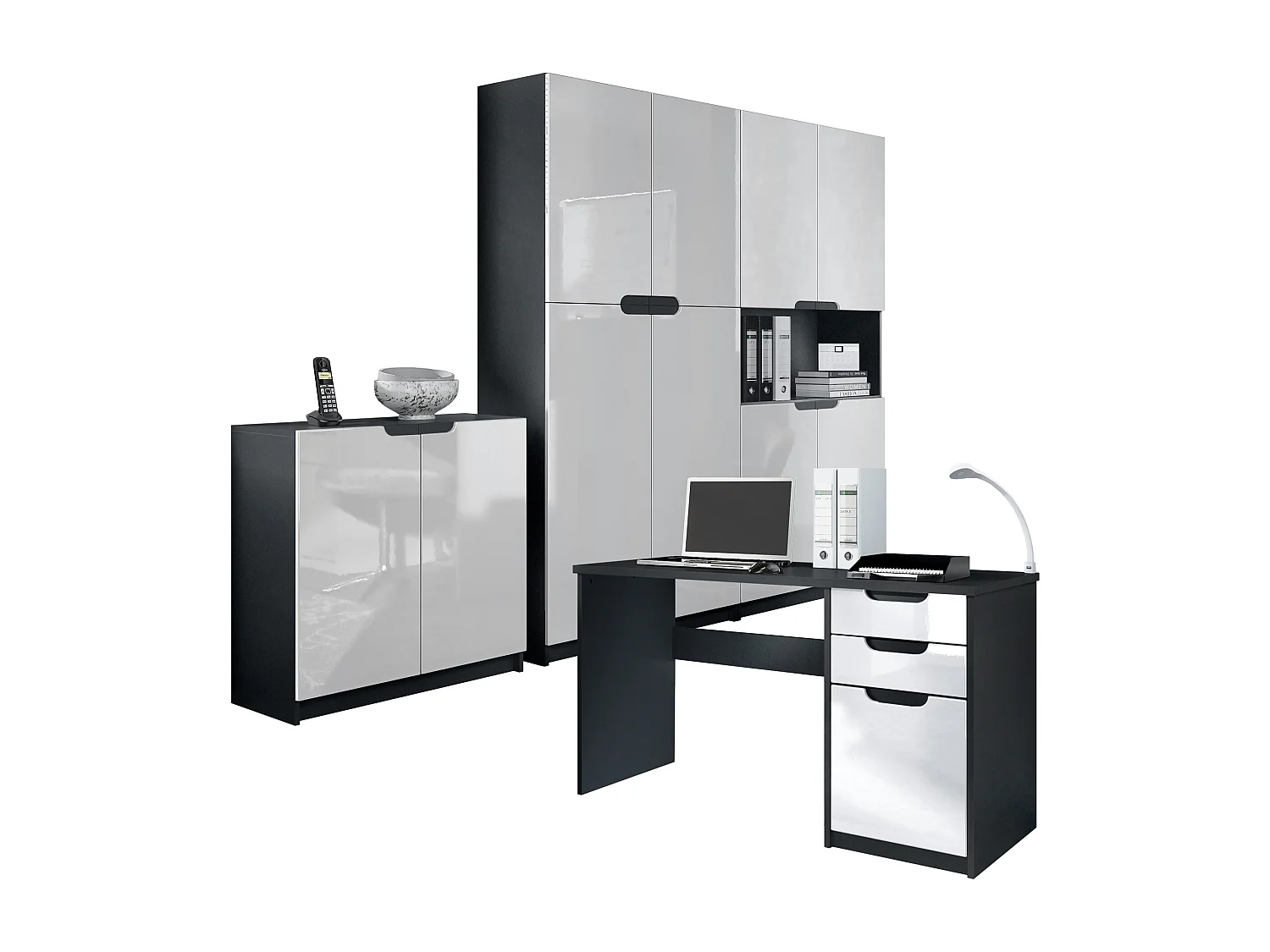 Set di mobili per ufficio Armadio e scrivania Logan, struttura in nero opaco / frontali in bianco lucido
