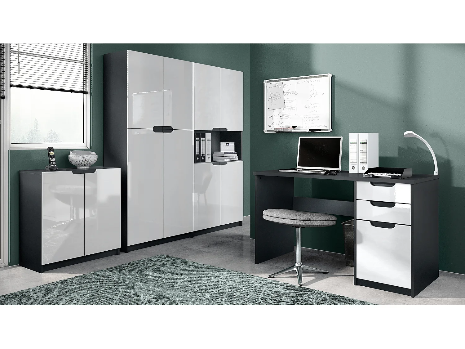 Set di mobili per ufficio Armadio e scrivania Logan, struttura in nero opaco / frontali in bianco lucido