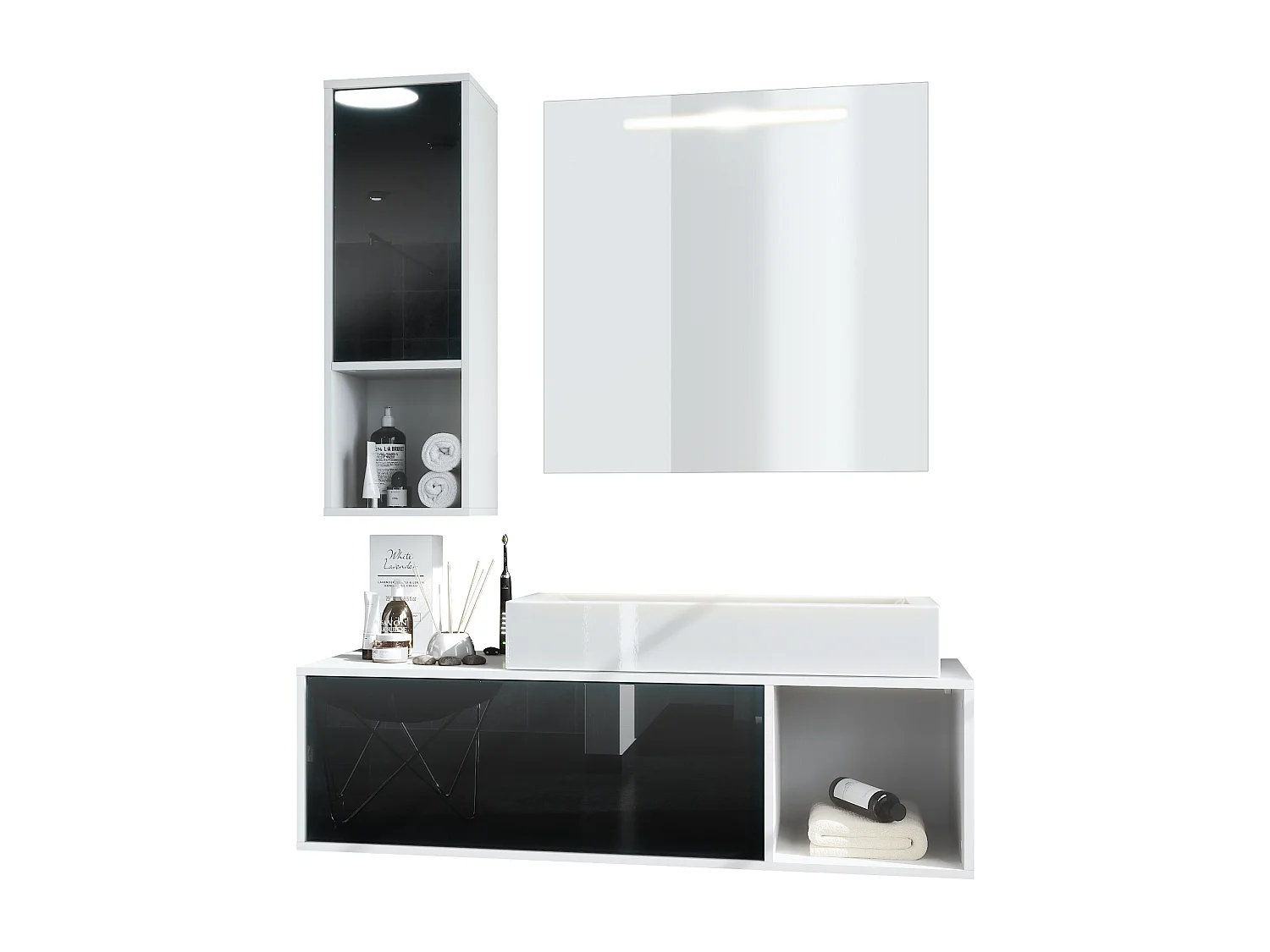 Ensemble de meubles de bains La Costa, Corps en Blanc mat, Façades en Noir haute brillance, avec Vasque à poser et Miroir LED