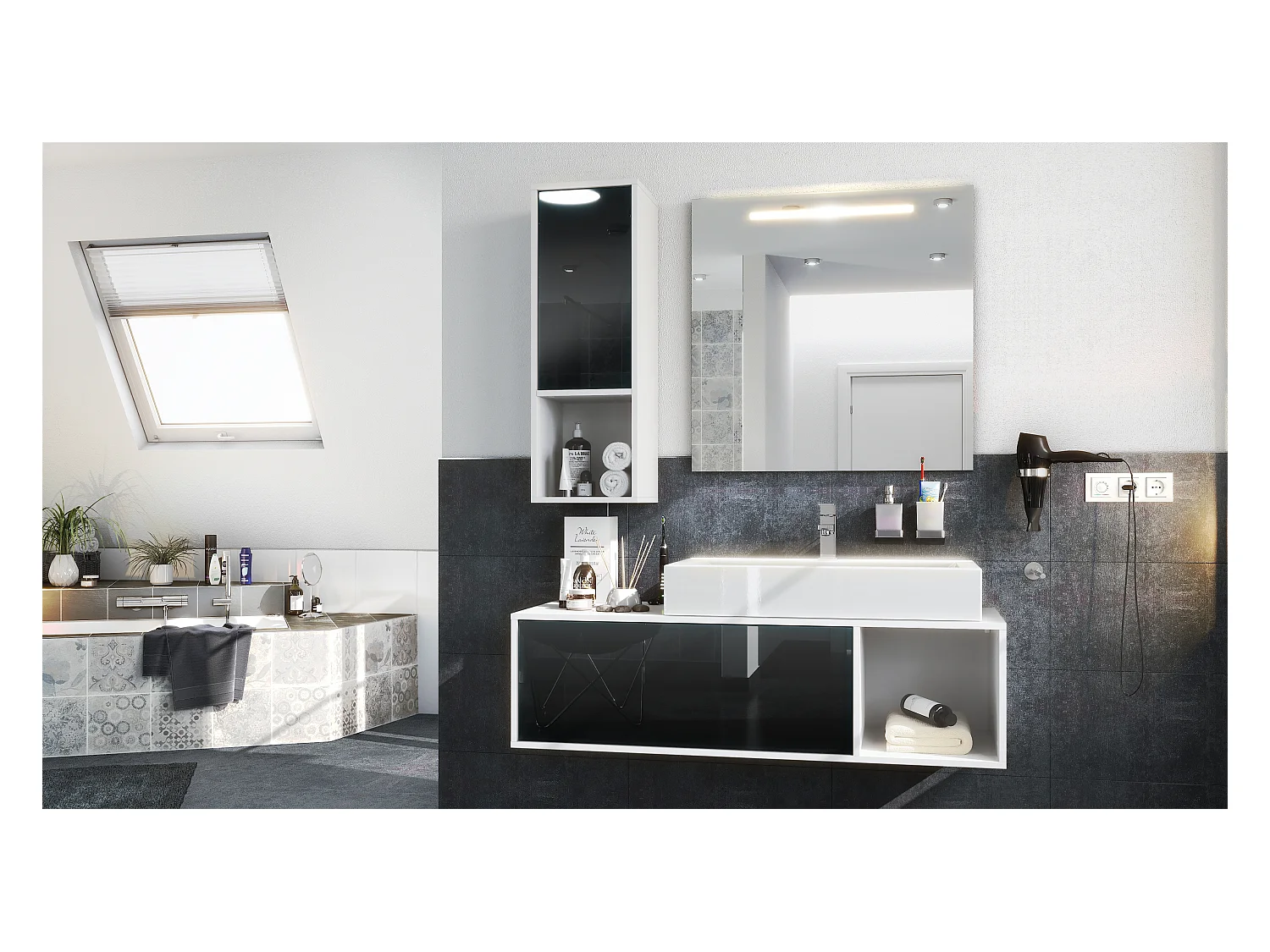 Ensemble de meubles de bains La Costa, Corps en Blanc mat, Façades en Noir haute brillance, avec Vasque à poser et Miroir LED