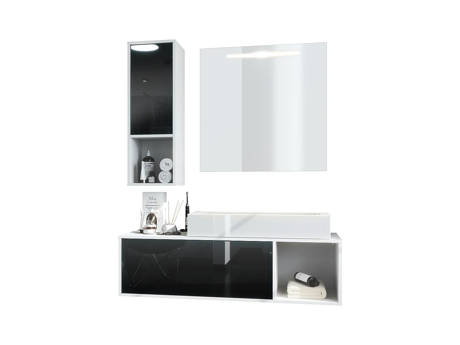 Ensemble de meubles de bains La Costa, Corps en Blanc mat, Façades en Noir haute brillance, avec Vasque à poser et Miroir LED