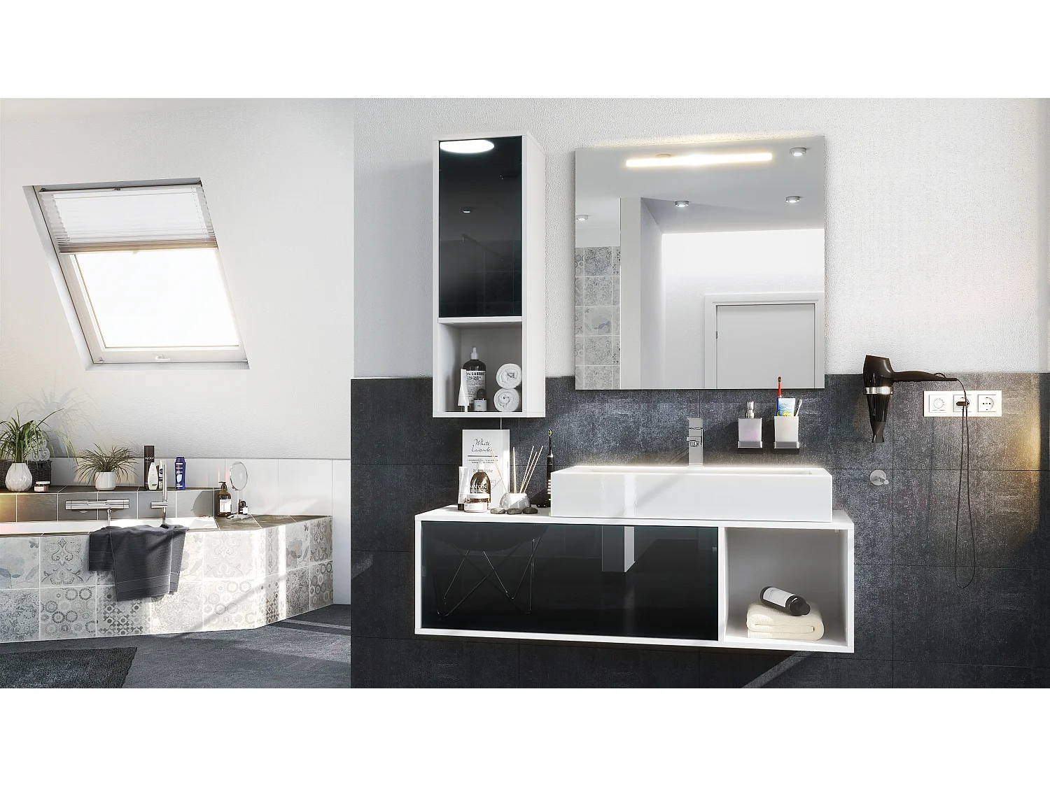 Ensemble de meubles de bains La Costa, Corps en Blanc mat, Façades en Noir haute brillance, avec Vasque à poser et Miroir LED