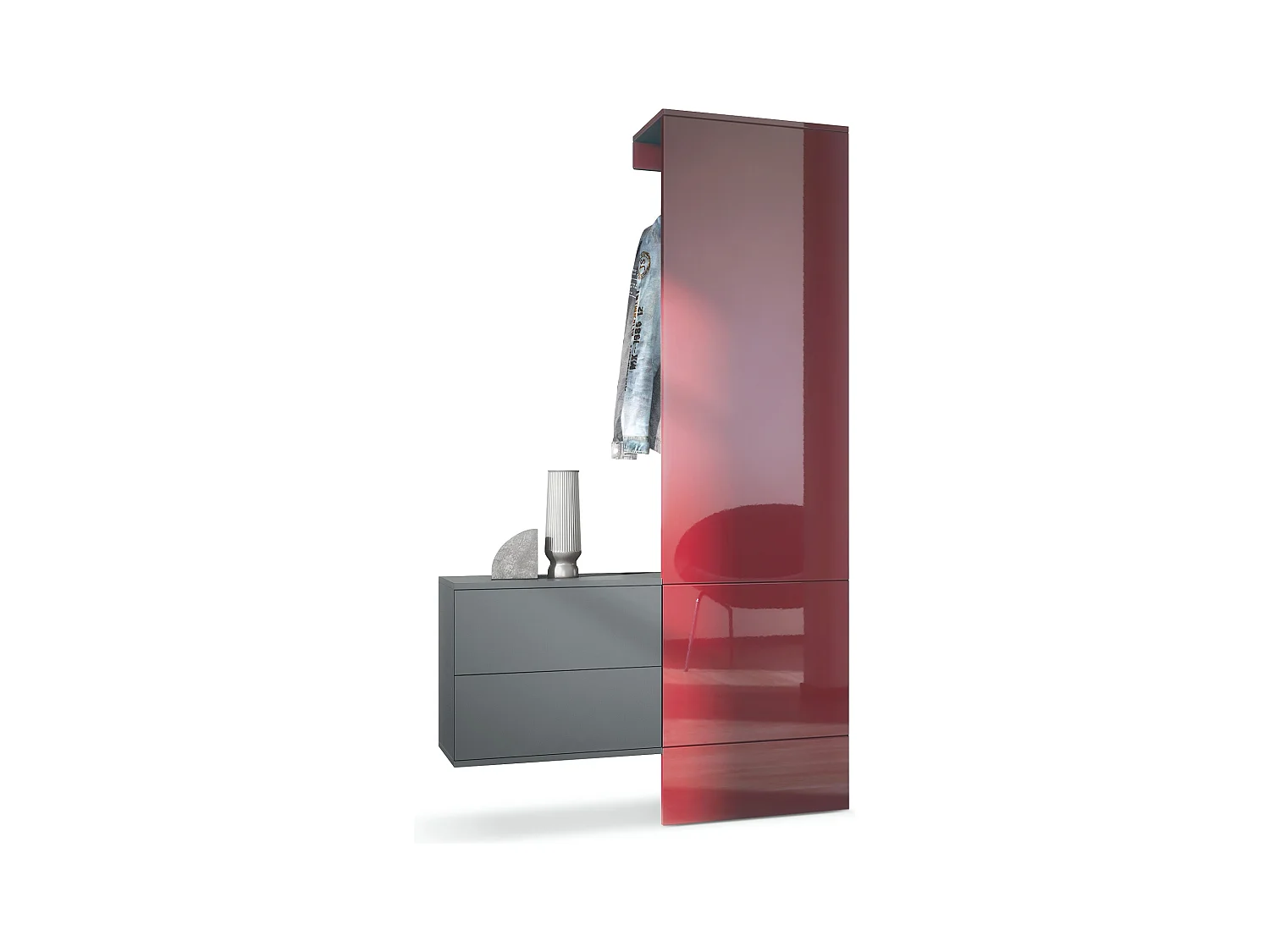 Penderie Carlton Set 2, Meuble d’entrée comprenant 1 panneau porte-manteau, 1 coffre à tiroir, anthracite mat/bordeaux haute brillance (105 x 193 x 35 cm)