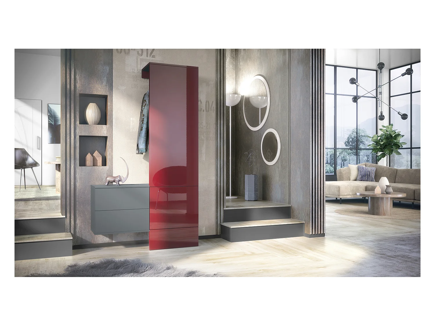 Penderie Carlton Set 2, Meuble d’entrée comprenant 1 panneau porte-manteau, 1 coffre à tiroir, anthracite mat/bordeaux haute brillance (105 x 193 x 35 cm)