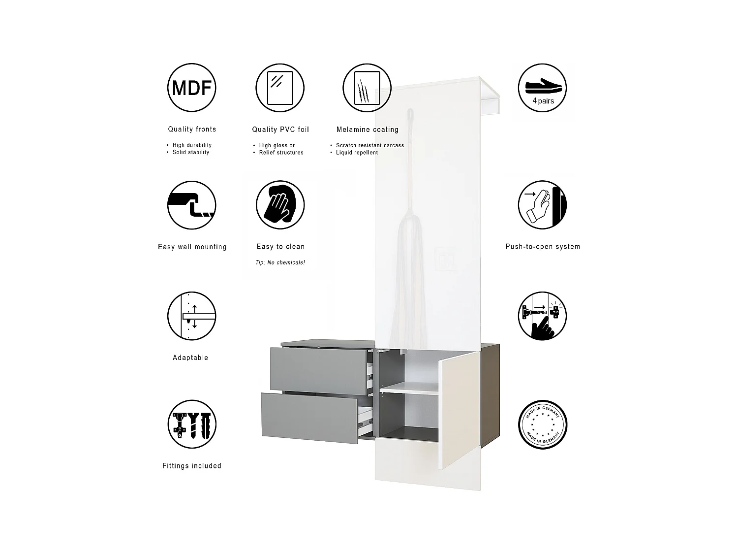 Penderie Carlton Set 2, Meuble d’entrée comprenant 1 panneau porte-manteau, 1 coffre à tiroir, anthracite mat/bordeaux haute brillance (105 x 193 x 35 cm)