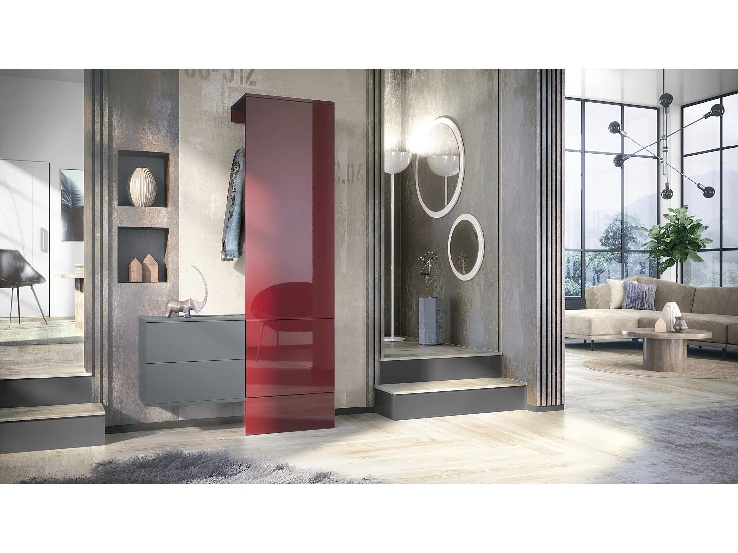 Penderie Carlton Set 2, Meuble d’entrée comprenant 1 panneau porte-manteau, 1 coffre à tiroir, anthracite mat/bordeaux haute brillance (105 x 193 x 35 cm)