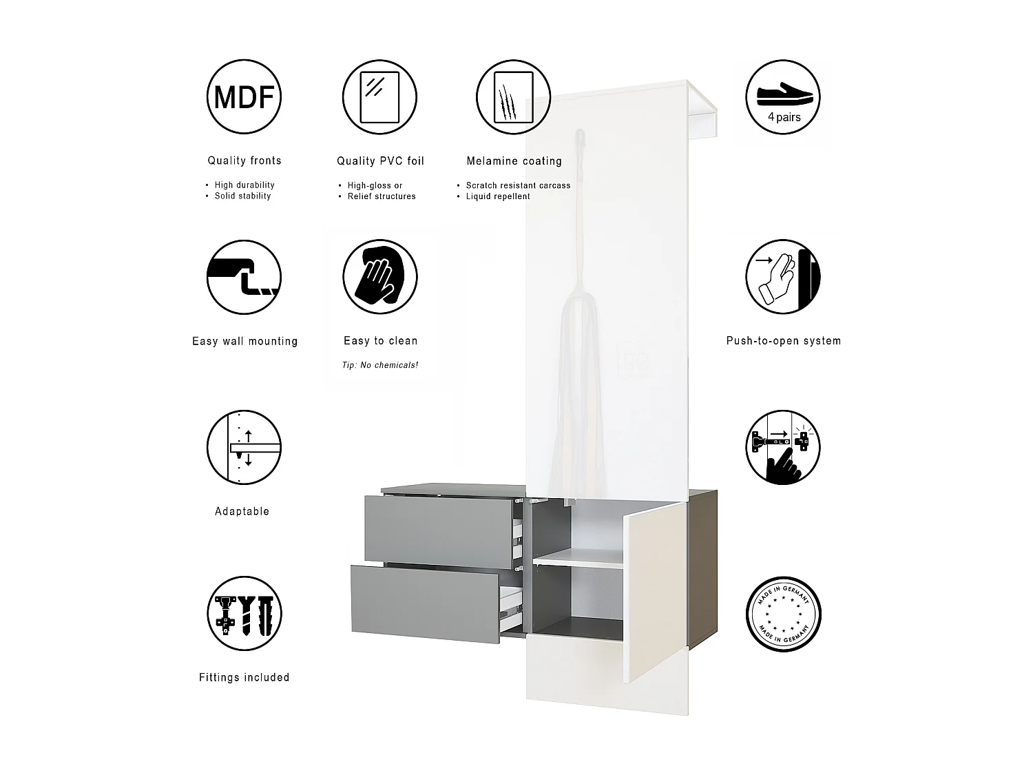 Penderie Carlton Set 2, Meuble d’entrée comprenant 1 panneau porte-manteau, 1 coffre à tiroir, anthracite mat/bordeaux haute brillance (105 x 193 x 35 cm)