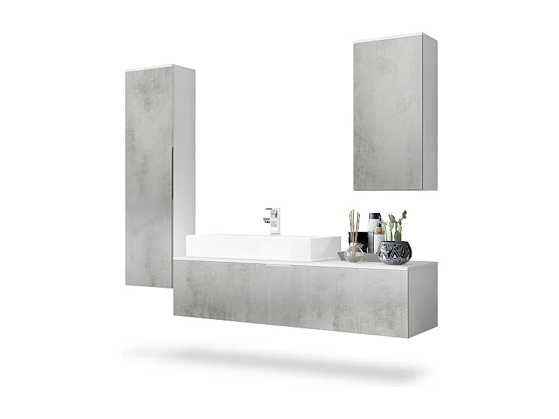Conjunto de Muebles para baño Beach, Cuerpo en Blanco mate/Frentes con apariencia Hormigón Oxidado con lavabo y grifo