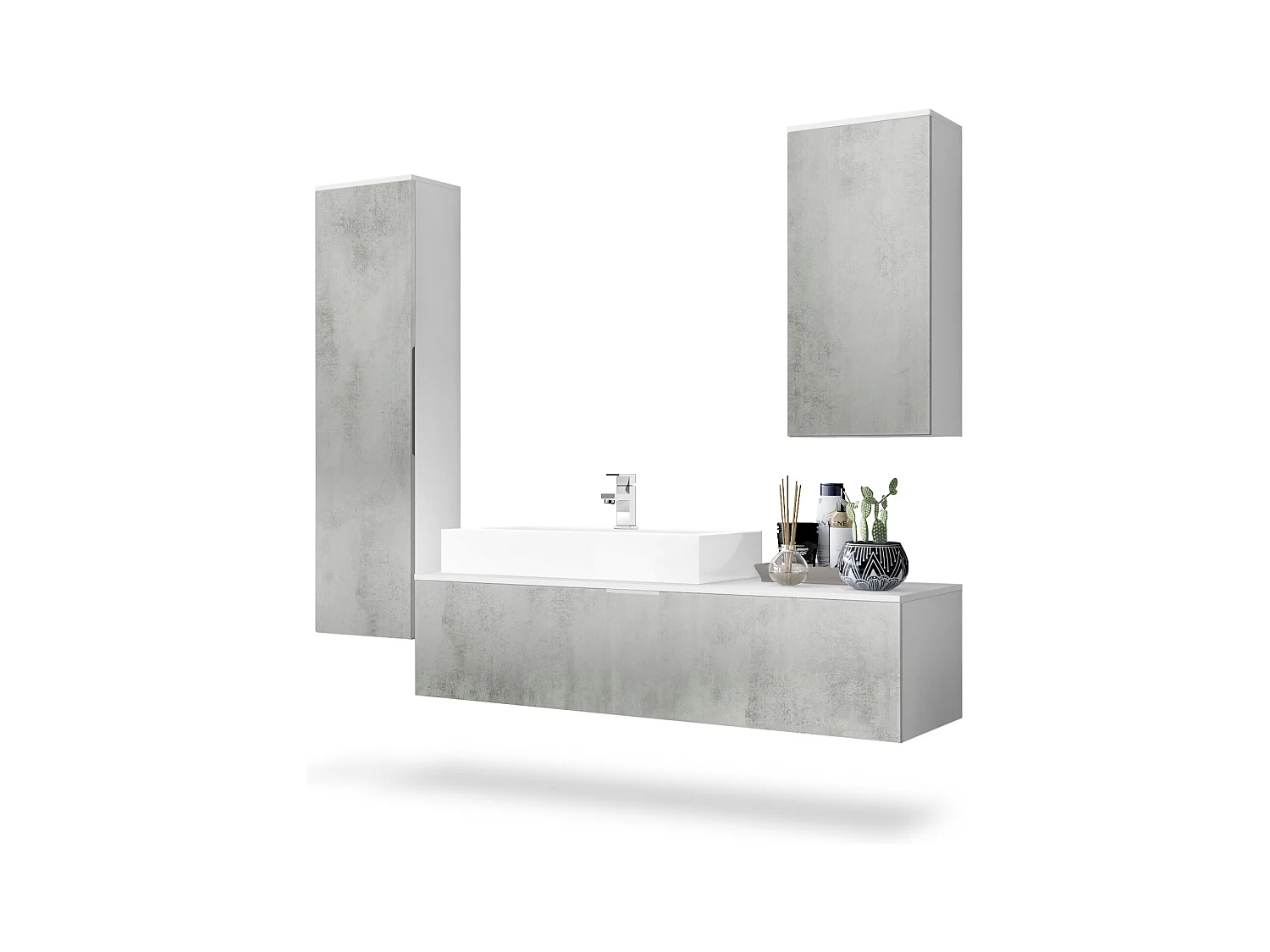Ensemble de Meubles de Bains Beach, Corps en Blanc Mat/Façades en Aspect béton oxyde-optique avec Vasque à poser et Robinet