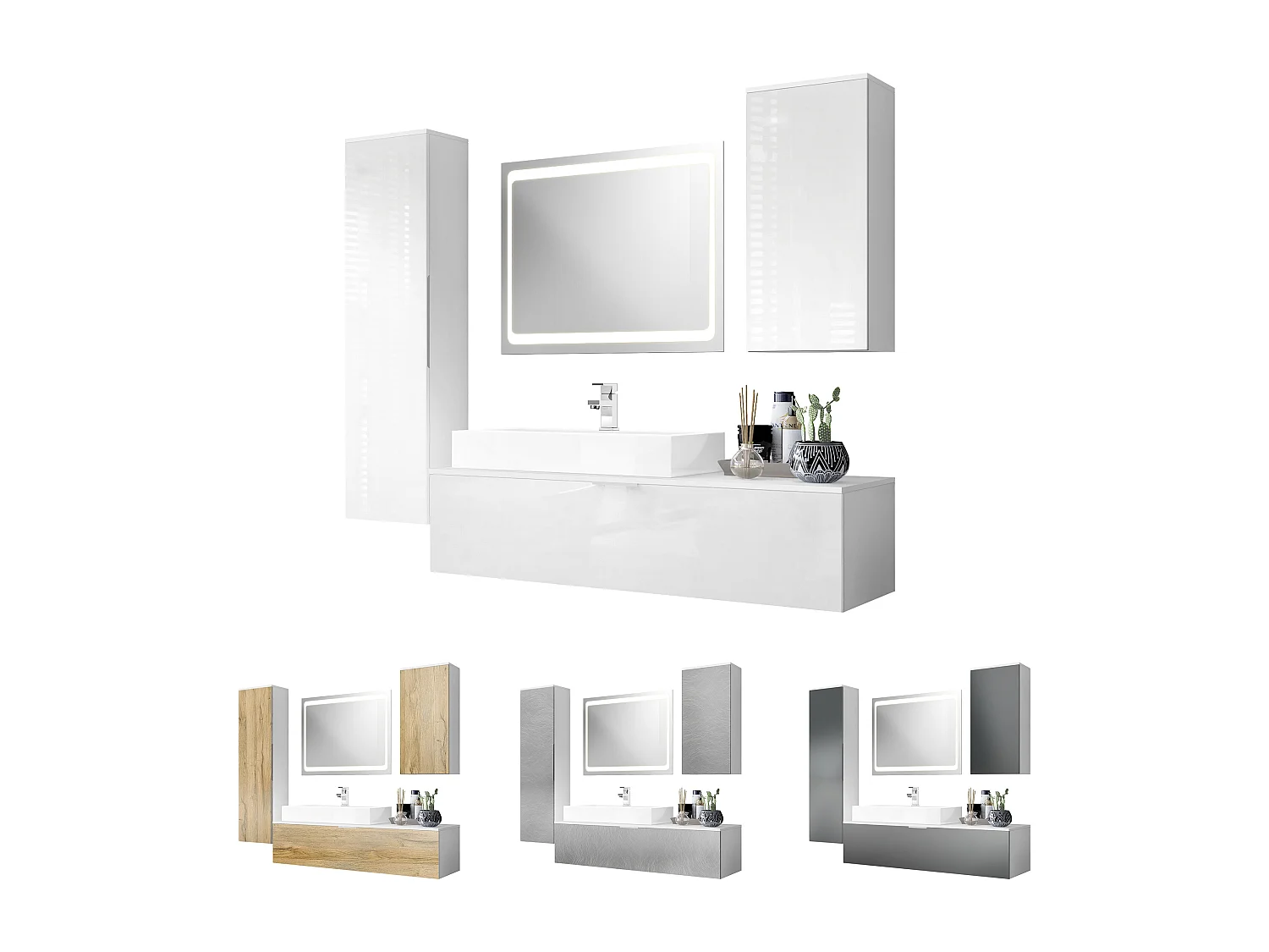 Ensemble de Meubles de Bains Beach, Corps en Blanc Mat/Façades en Aspect béton oxyde-optique avec Vasque à poser et Robinet