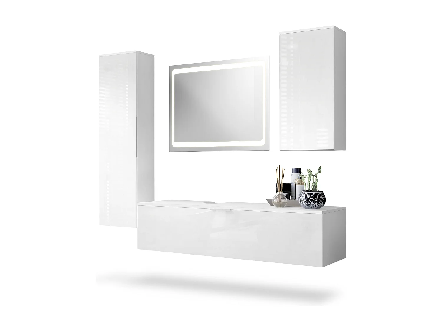 Ensemble de Meubles de Bains Beach, Corps en Blanc Mat/Façades en Blanc haute brillance avec miroir LED