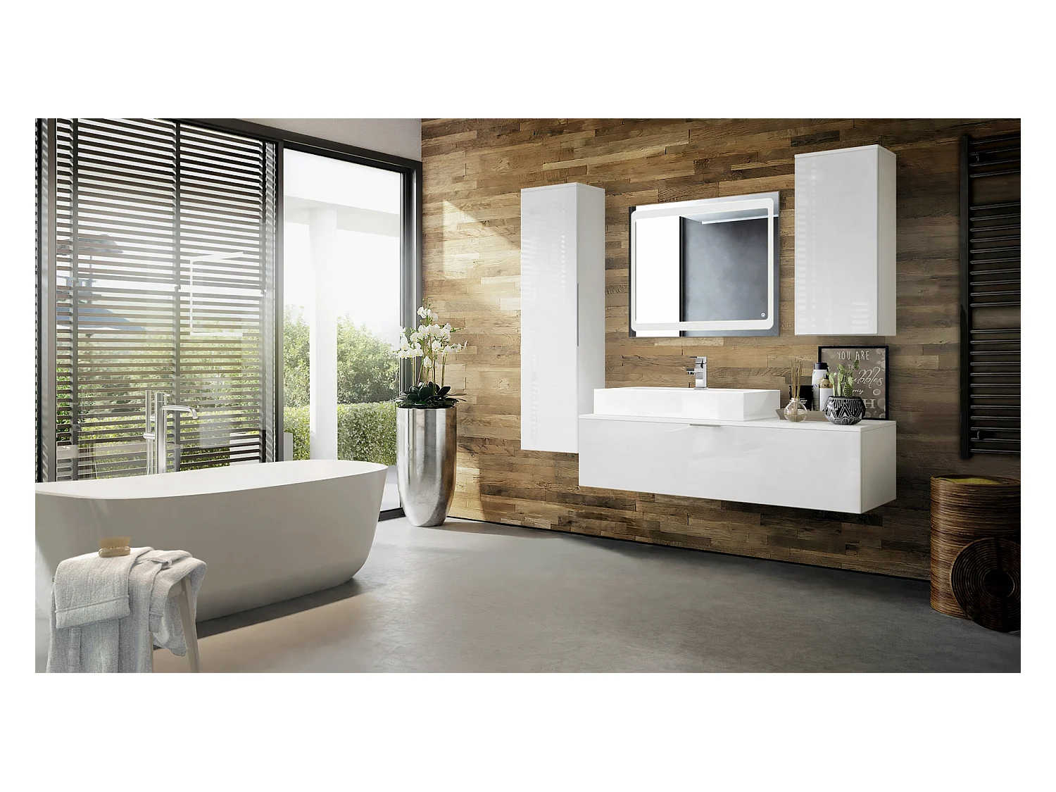 Ensemble de Meubles de Bains Beach, Corps en Blanc Mat/Façades en Blanc haute brillance avec miroir LED