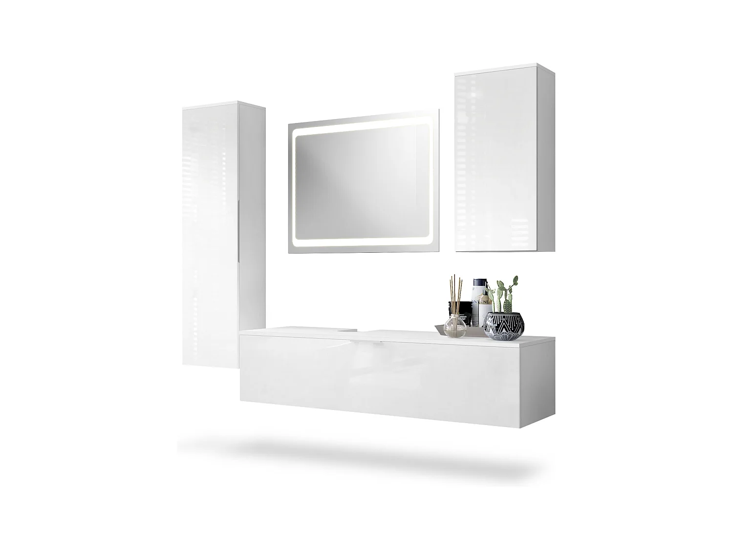 Ensemble de Meubles de Bains Beach, Corps en Blanc Mat/Façades en Blanc haute brillance avec miroir LED