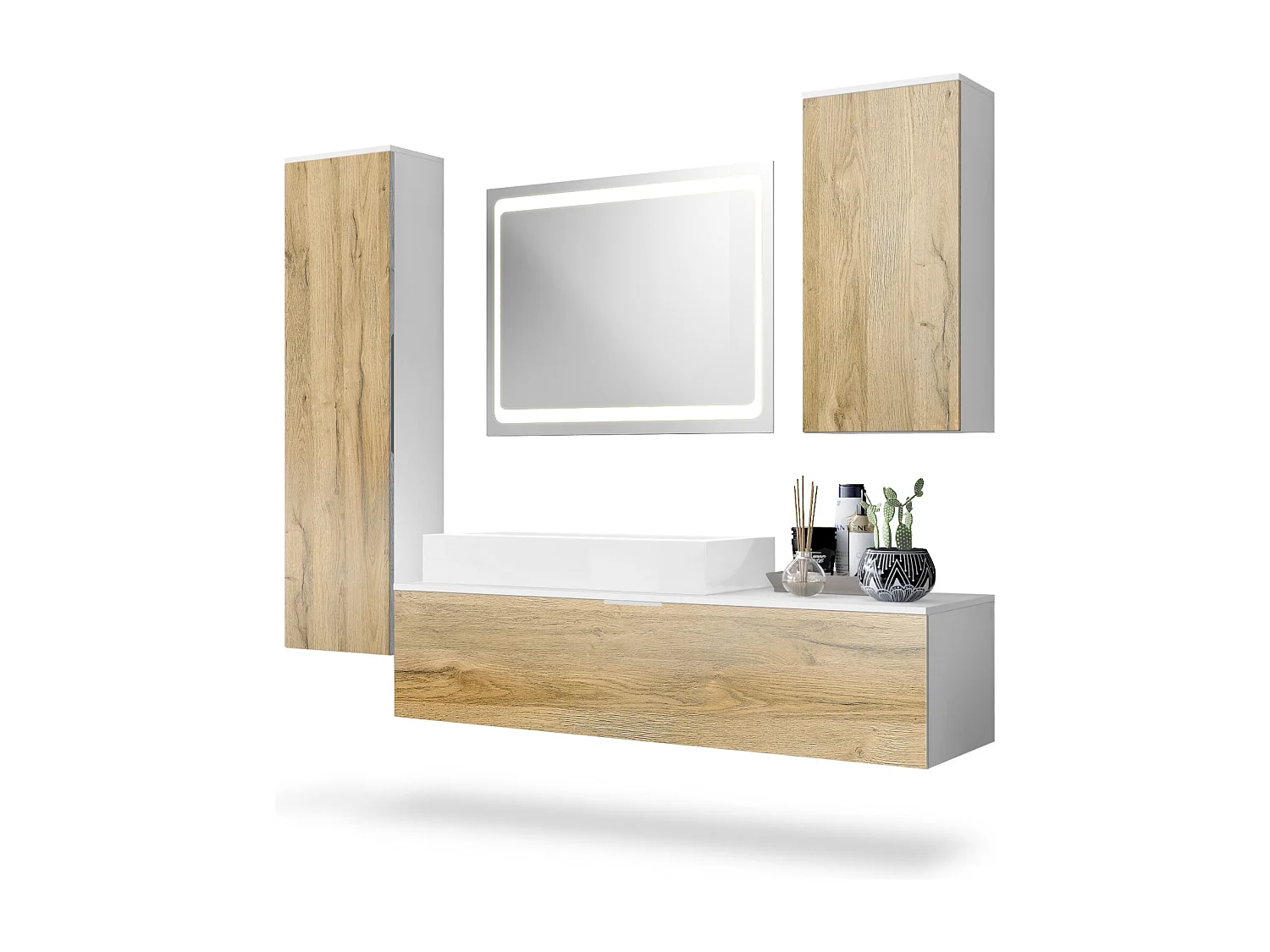 Ensemble de Meubles de Bains Beach, Corps en Blanc Mat/Façades en Chêne nature avec Vasque à poser et Miroir LED