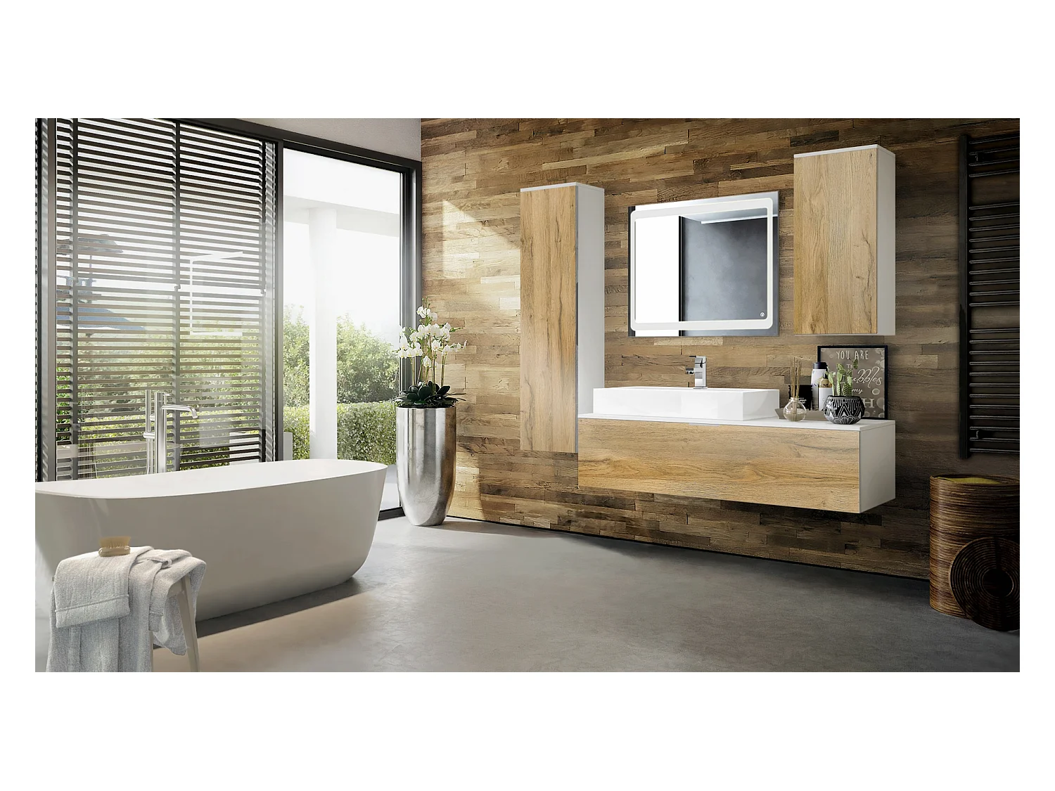 Ensemble de Meubles de Bains Beach, Corps en Blanc Mat/Façades en Chêne nature avec Vasque à poser et Miroir LED