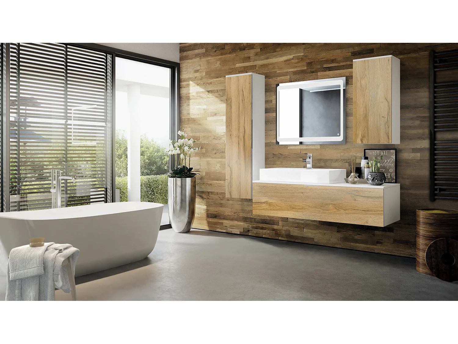 Ensemble de Meubles de Bains Beach, Corps en Blanc Mat/Façades en Chêne nature avec Vasque à poser et Miroir LED