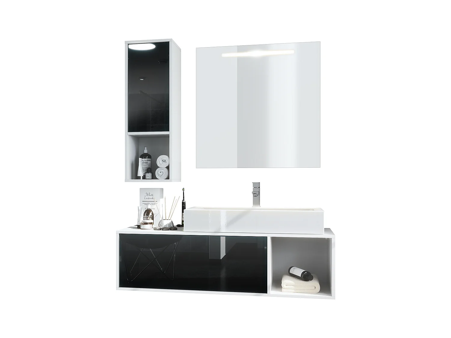 Ensemble de meubles de bains La Costa, Corps en Blanc mat, Façades en Noir haute brillance, avec Vasque à poser, Robinet et Miroir LED