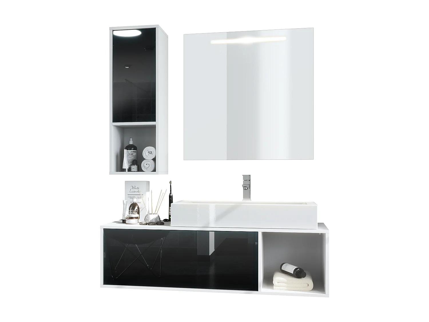 Ensemble de meubles de bains La Costa, Corps en Blanc mat, Façades en Noir haute brillance, avec Vasque à poser, Robinet et Miroir LED