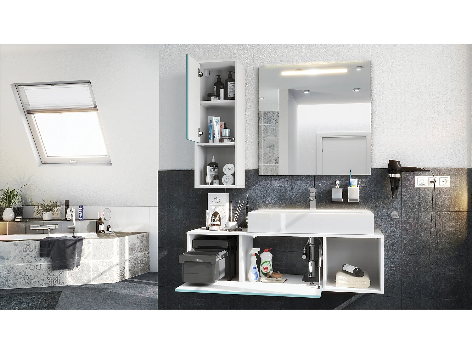 Ensemble de meubles de bains La Costa, Corps en Blanc mat, Façades en Noir haute brillance, avec Vasque à poser, Robinet et Miroir LED