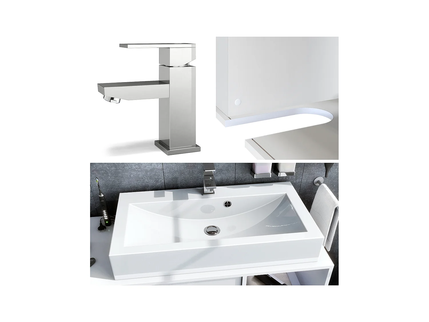 Ensemble de meubles de bains La Costa, Corps en Blanc mat, Façades en Gris clair satiné mat, avec Vasque à poser, Robinet et Miroir LED