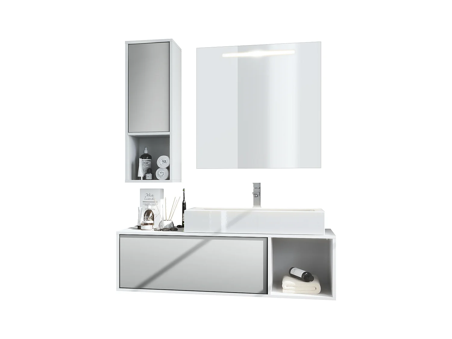 Ensemble de meubles de bains La Costa, Corps en Blanc mat, Façades en Gris clair satiné mat, avec Vasque à poser, Robinet et Miroir LED