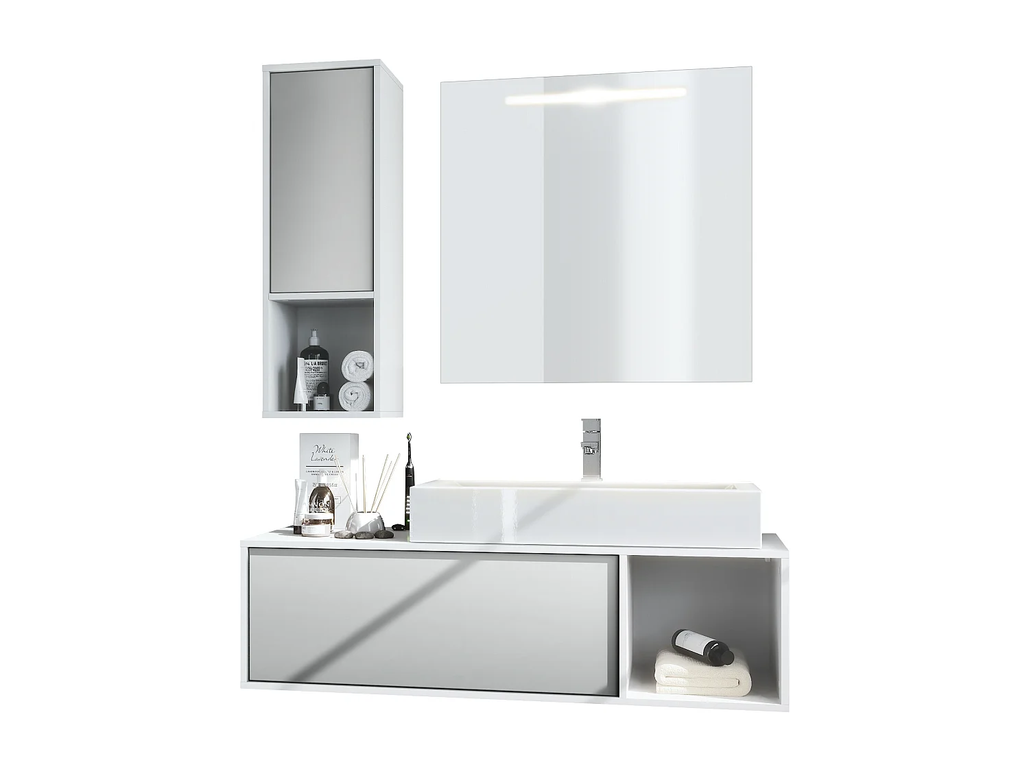 Ensemble de meubles de bains La Costa, Corps en Blanc mat, Façades en Gris clair satiné mat, avec Vasque à poser, Robinet et Miroir LED