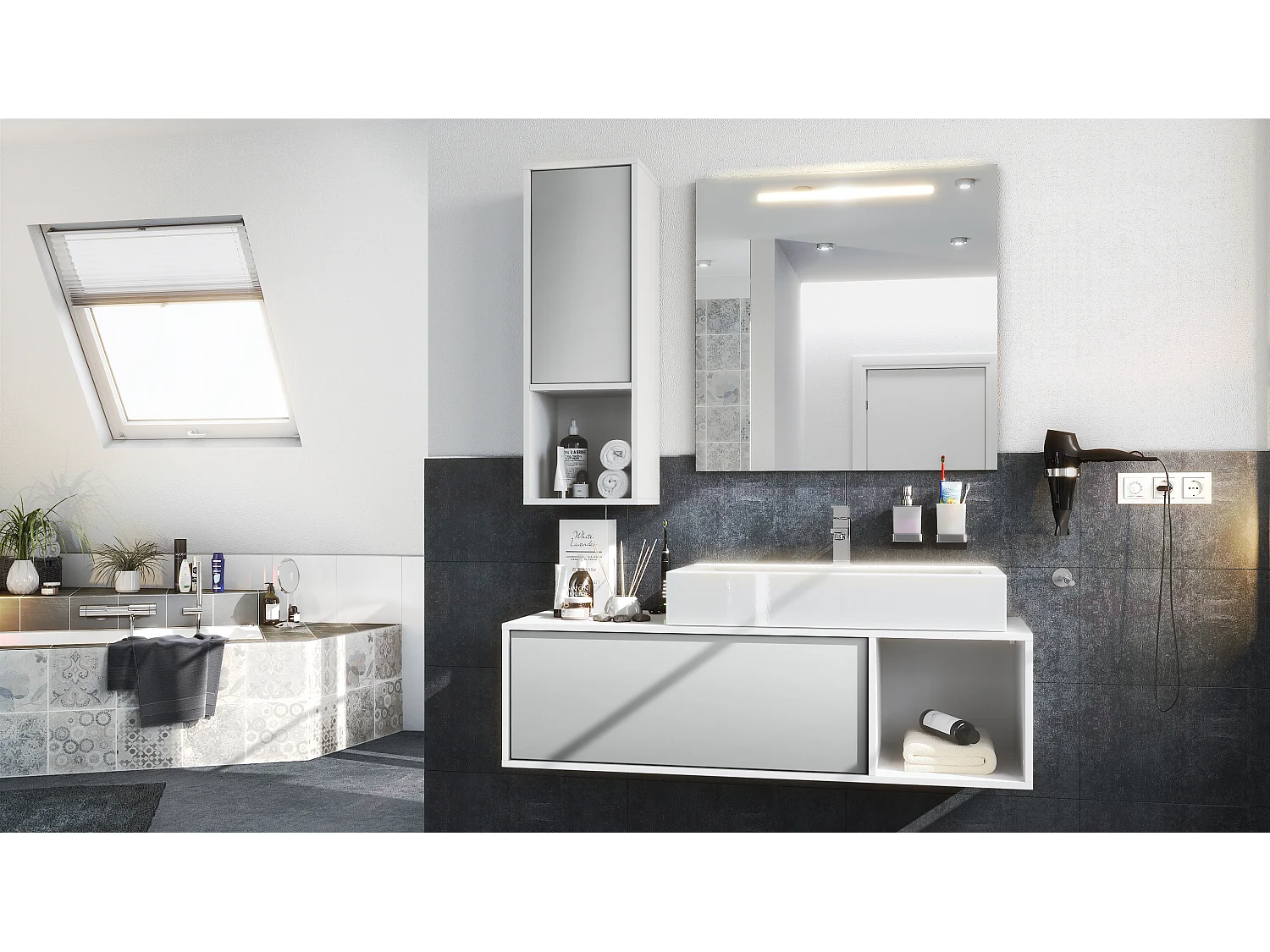 Ensemble de meubles de bains La Costa, Corps en Blanc mat, Façades en Gris clair satiné mat, avec Vasque à poser, Robinet et Miroir LED