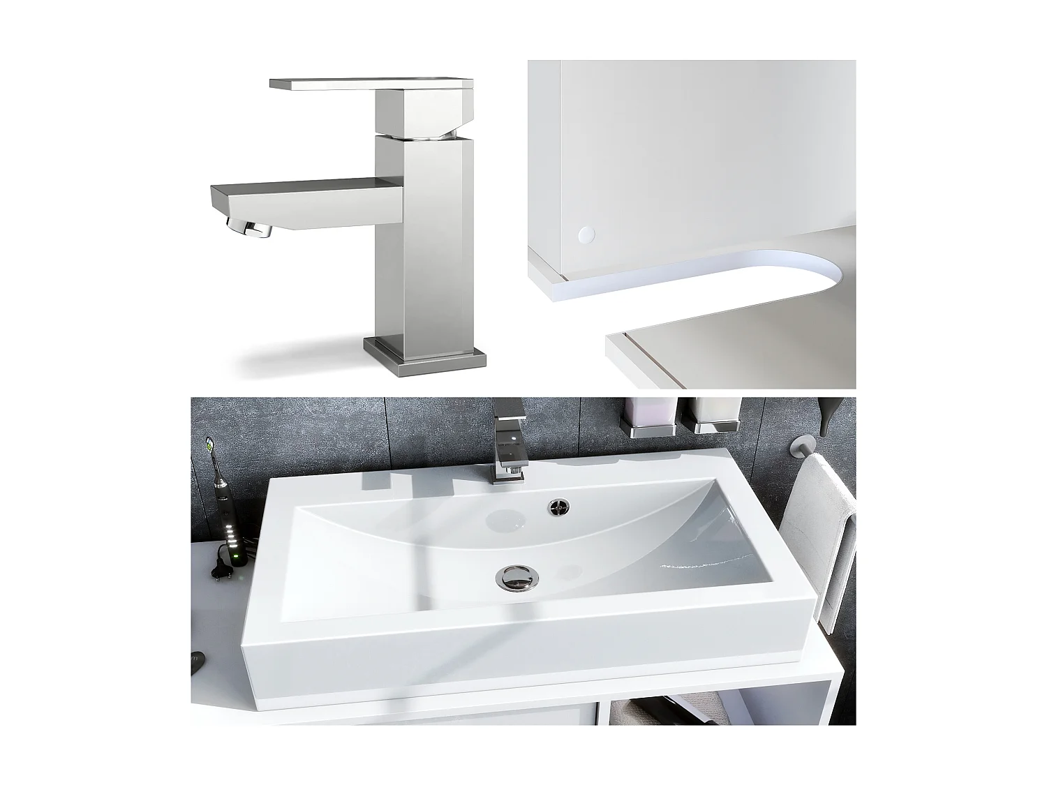 Ensemble de meubles de bains La Costa, Corps en Blanc mat, Façades en Gris clair satiné mat, avec Vasque à poser, Robinet et Miroir LED