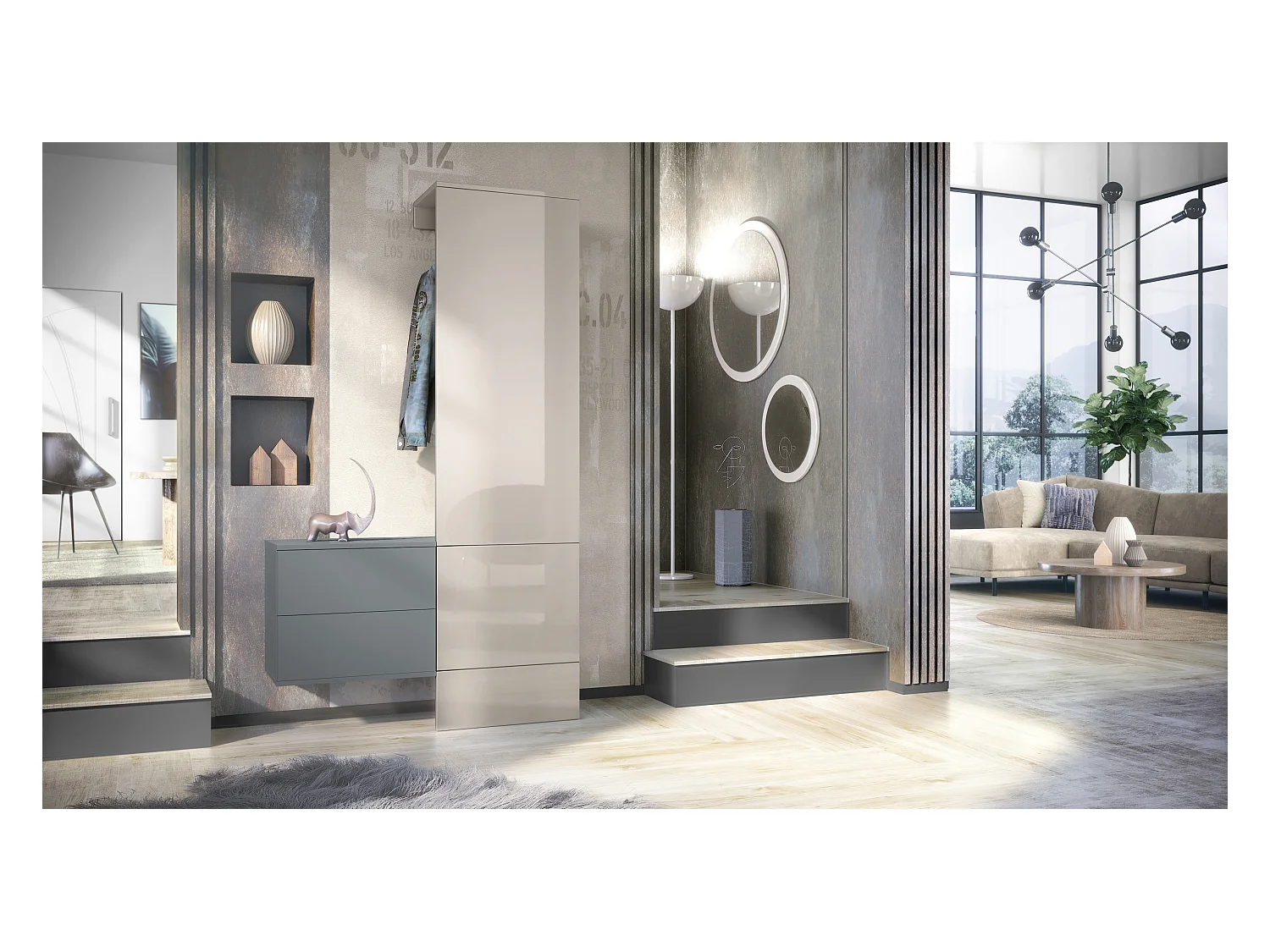 Penderie Carlton Set 2, Meuble d’entrée comprenant 1 panneau porte-manteau, 1 coffre à tiroir, anthracite mat/gris sable haute brillance (105 x 193 x 35 cm)