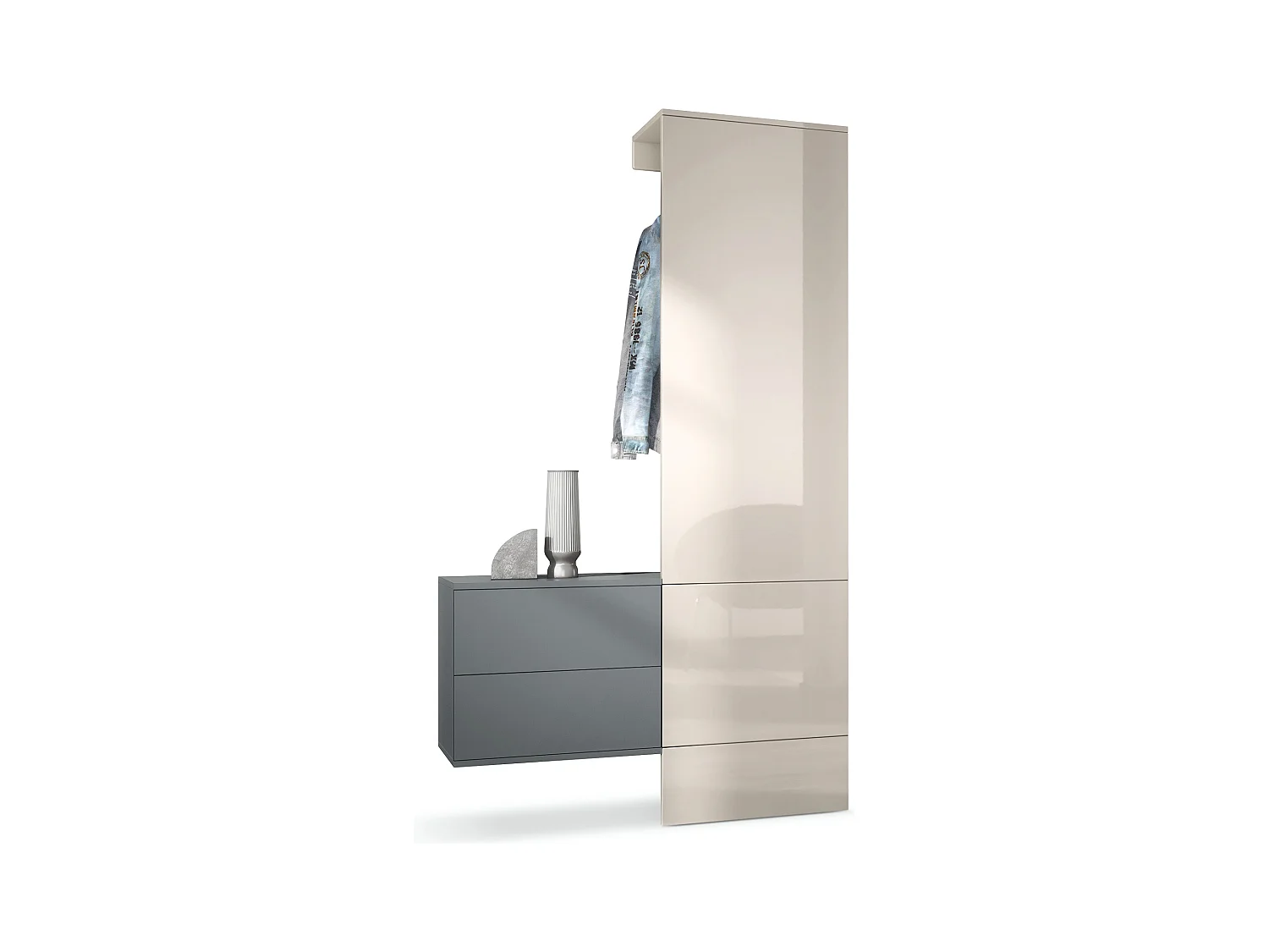 Penderie Carlton Set 2, Meuble d’entrée comprenant 1 panneau porte-manteau, 1 coffre à tiroir, anthracite mat/gris sable haute brillance (105 x 193 x 35 cm)