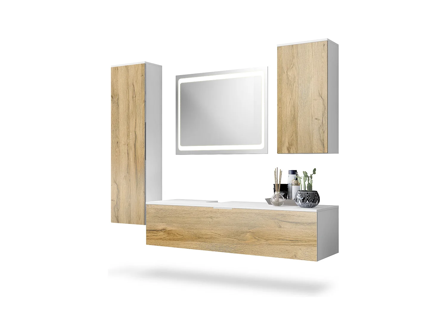 Ensemble de Meubles de Bains Beach, Corps en Blanc Mat/Façades en Chêne nature avec miroir LED