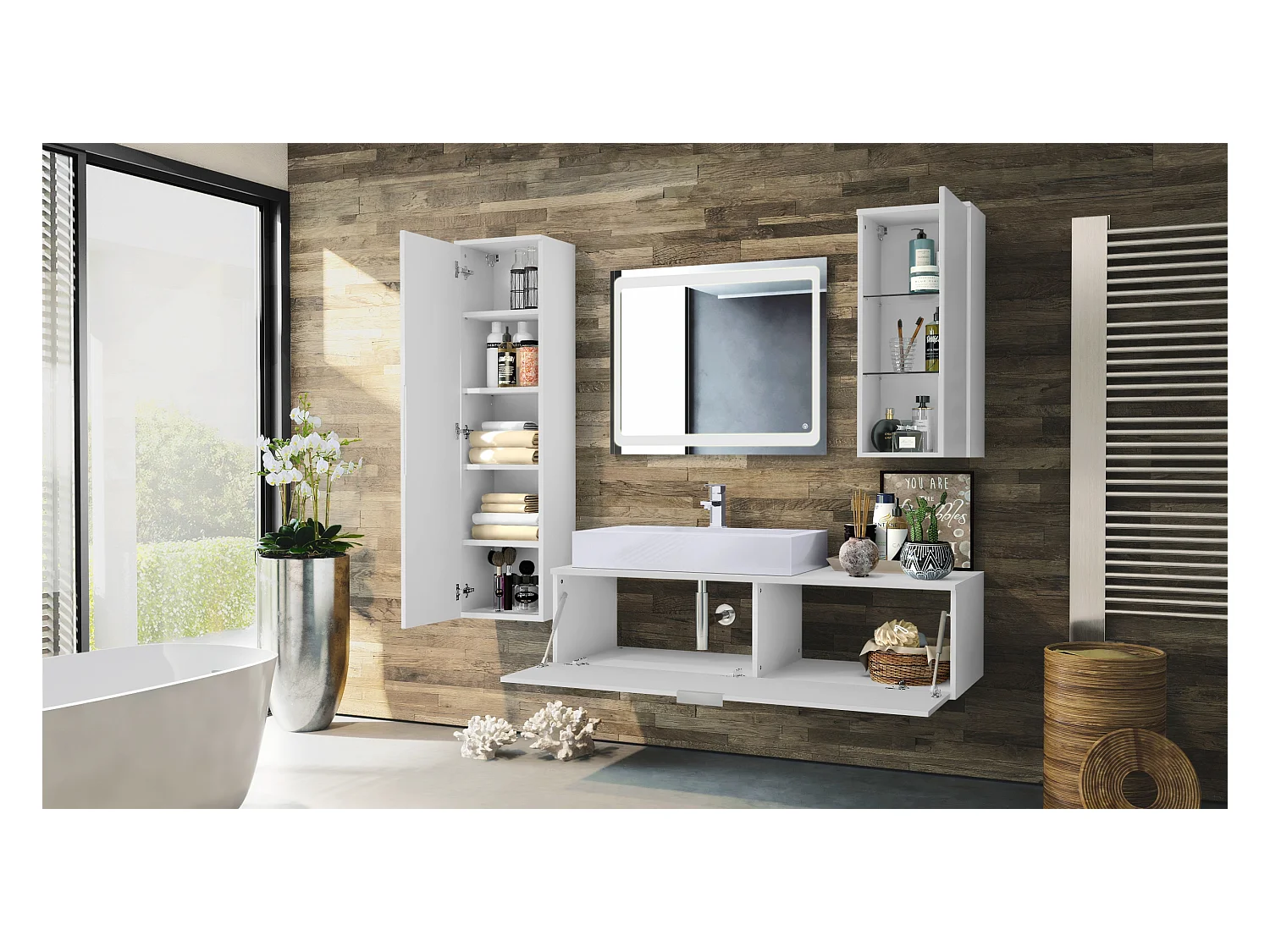 Ensemble de Meubles de Bains Beach, Corps en Blanc Mat/Façades en Chêne nature avec miroir LED