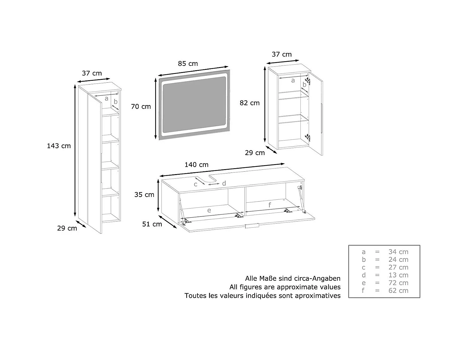 Ensemble de Meubles de Bains Beach, Corps en Blanc Mat/Façades en Chêne nature avec miroir LED