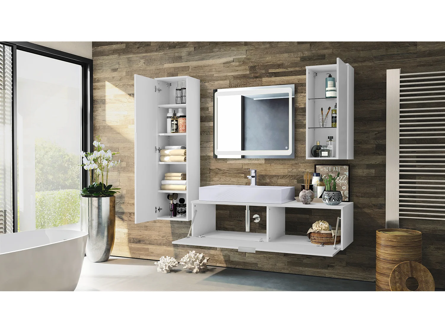 Ensemble de Meubles de Bains Beach, Corps en Blanc Mat/Façades en Chêne nature avec miroir LED