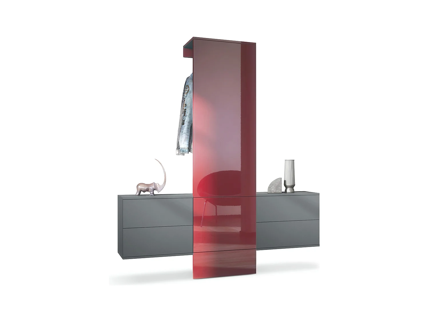 Vestiaire Garderobe Carlton Set 3, Corps en anthracite mat / Panneau portemanteau en bordeaux haute brillance (157 x 193 x 35 cm)