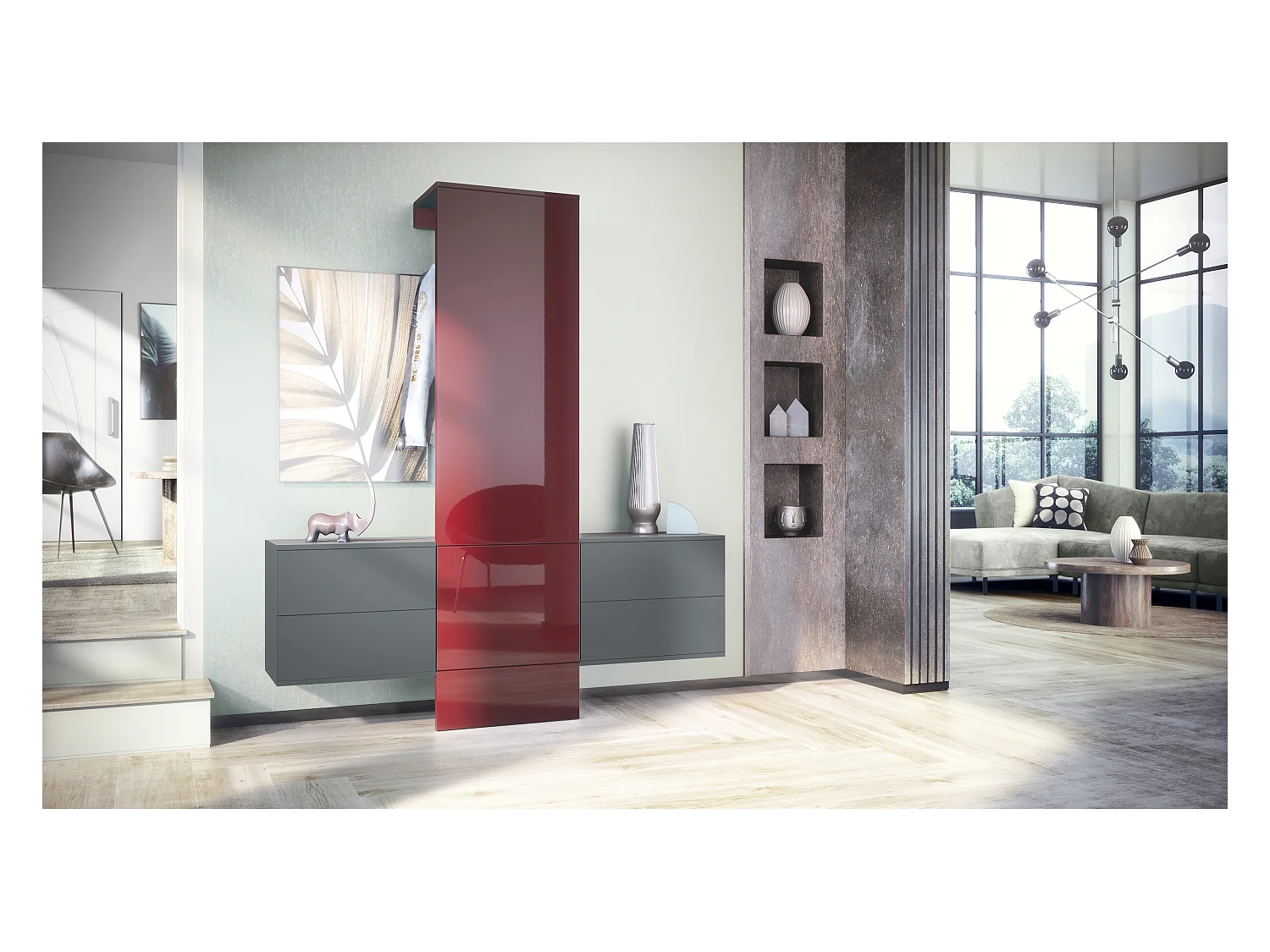 Vestiaire Garderobe Carlton Set 3, Corps en anthracite mat / Panneau portemanteau en bordeaux haute brillance (157 x 193 x 35 cm)