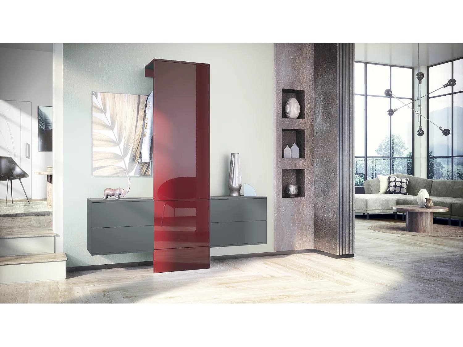 Vestiaire Garderobe Carlton Set 3, Corps en anthracite mat / Panneau portemanteau en bordeaux haute brillance (157 x 193 x 35 cm)