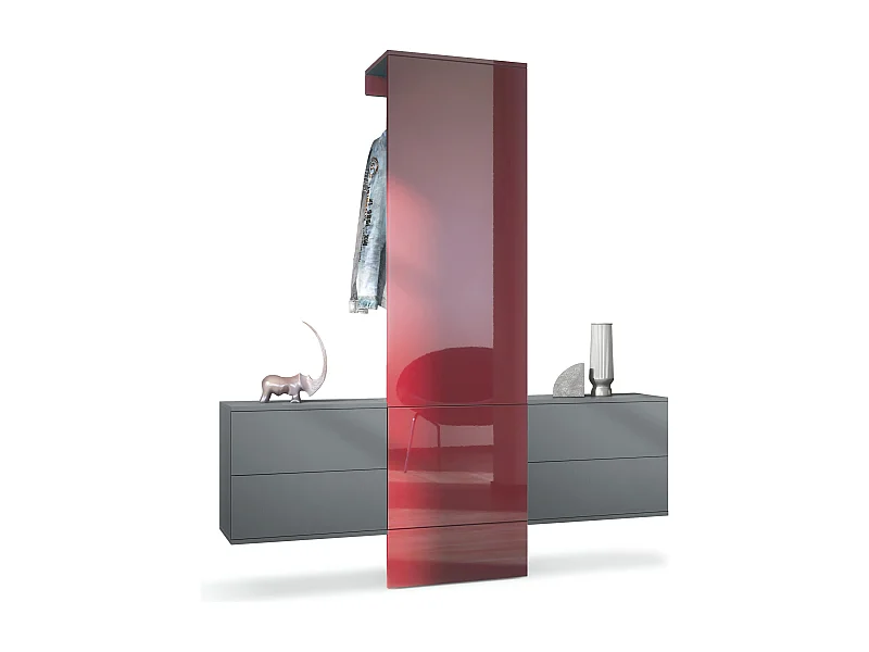 Vestiaire Garderobe Carlton Set 3, Corps en anthracite mat / Panneau portemanteau en bordeaux haute brillance (157 x 193 x 35 cm)