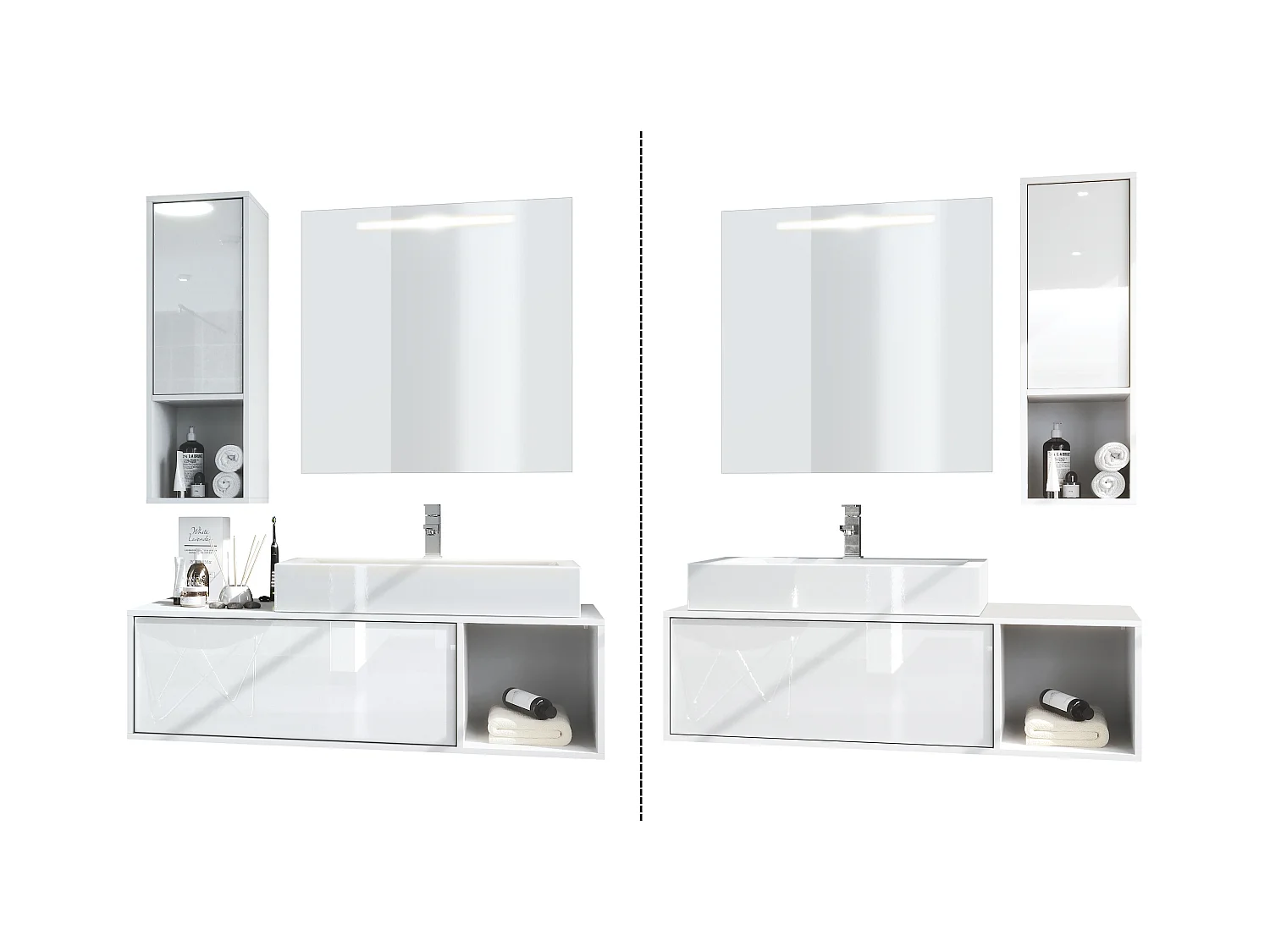 Ensemble de meubles de bains La Costa, Corps en Blanc mat, Façades en Turquoise haute brillance, avec Miroir LED