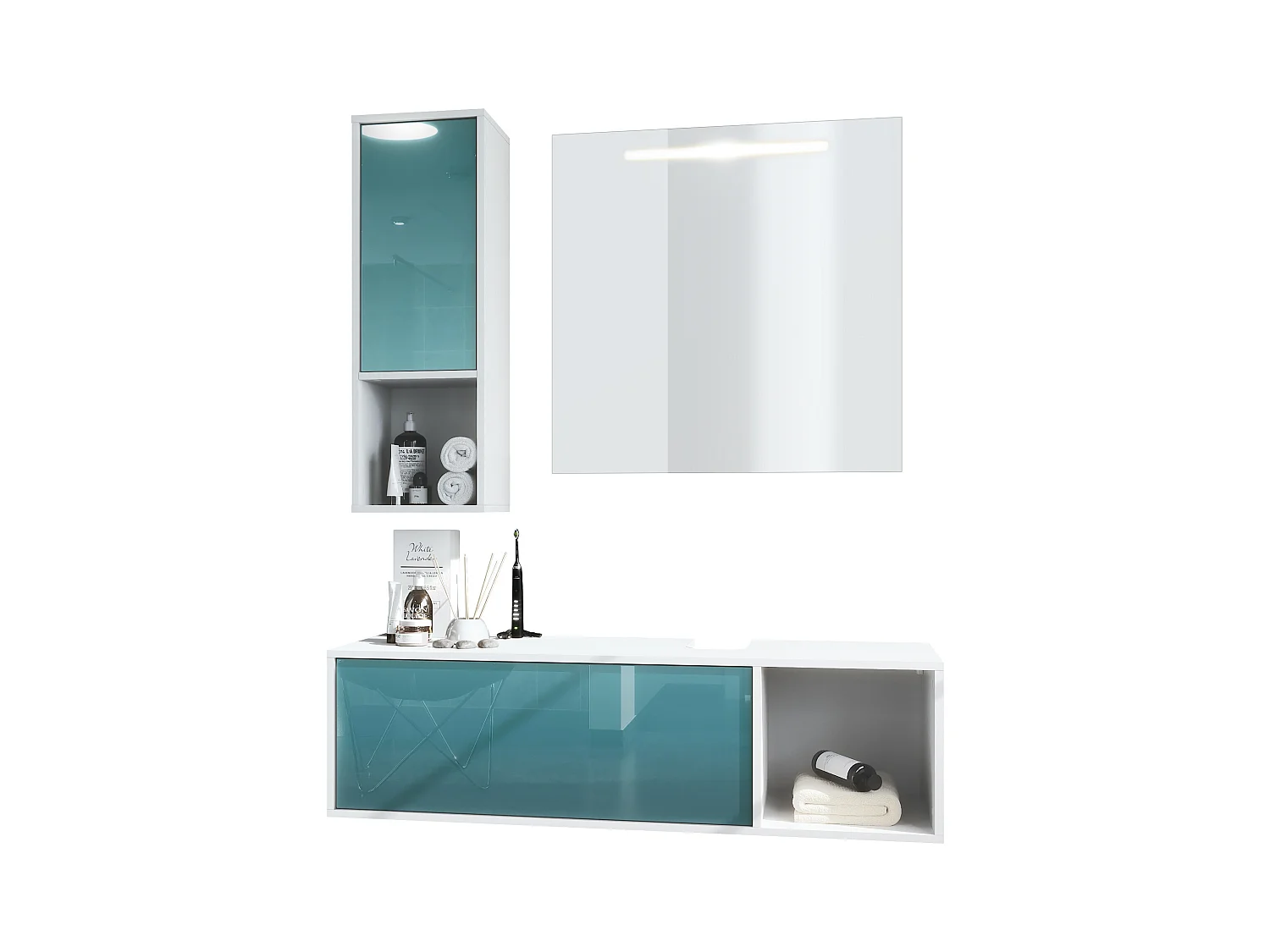 Ensemble de meubles de bains La Costa, Corps en Blanc mat, Façades en Turquoise haute brillance, avec Miroir LED